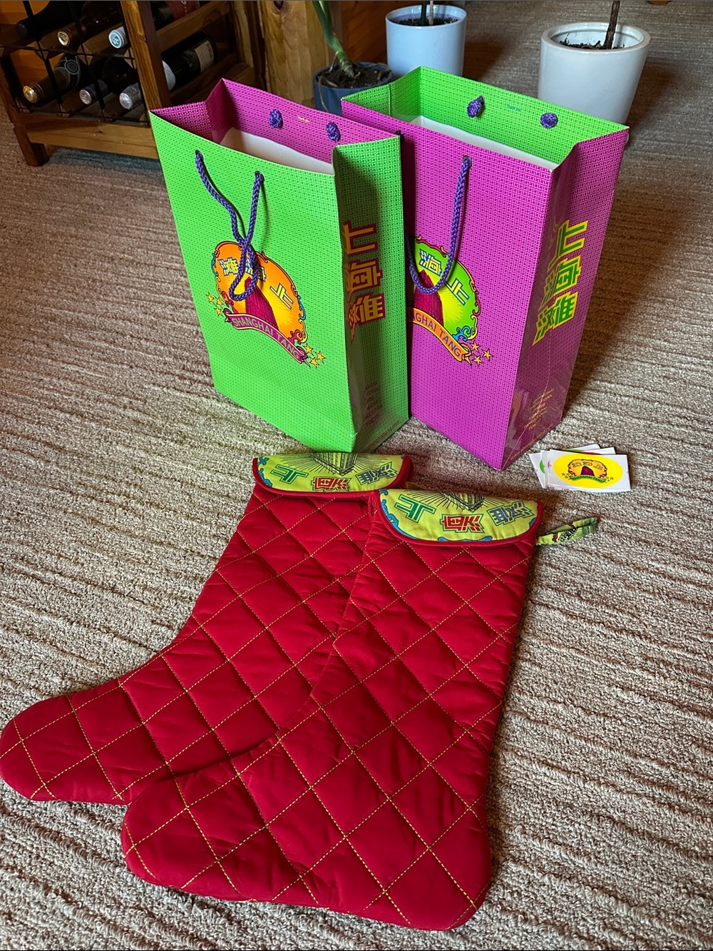 Shanghai Tang Red Quilted Holiday Stockings with Green and Pink Gift Bags